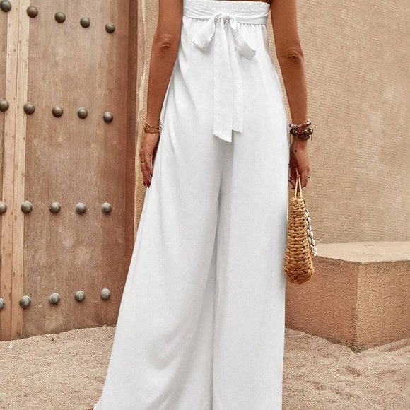 White Boho Womens Solid Tie Back Tube Wide Leg Jumpsuit - Picture 2 of 5